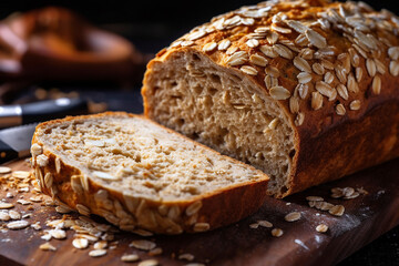 Whole grain bread on wooden background.Generative Ai. - obrazy, fototapety, plakaty