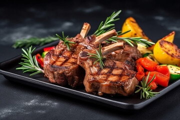 Lamb chops with vegetables on black stone background .Generative Ai.