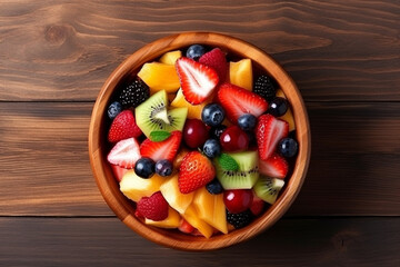 Fresh fruit salad in the bowl on wooden table.Generative Ai.