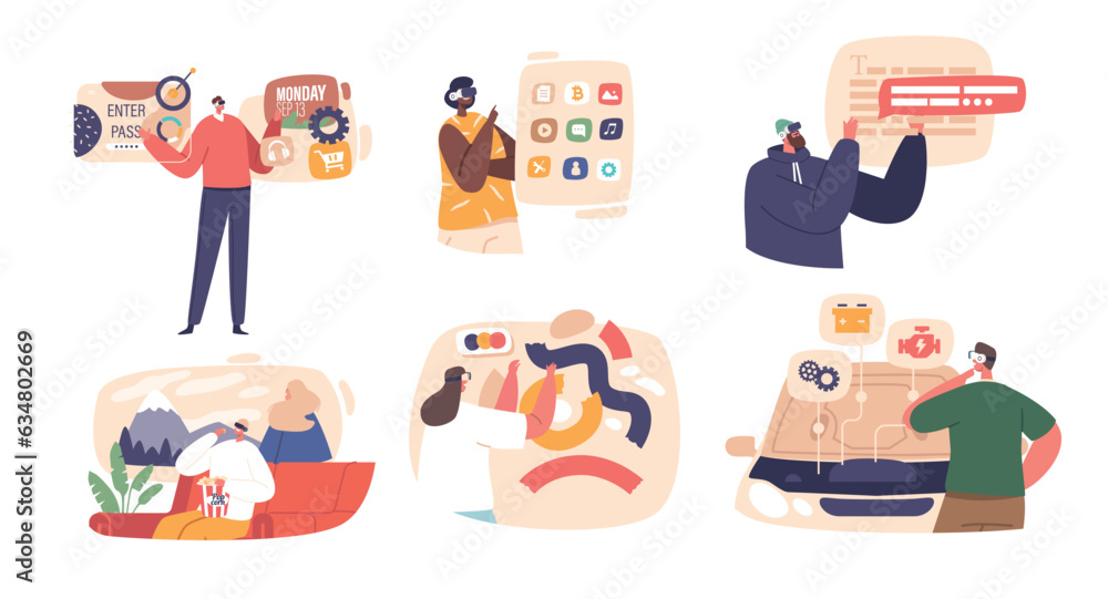 Poster characters engage with content in virtual reality through immersive experience, manipulating and exp
