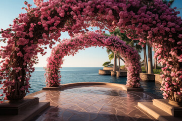 Beautiful arch from pink flowers on blue sea background 