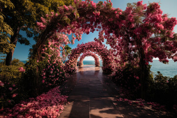  Flower arch from pink flower on blue sea background 