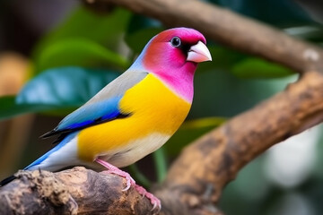 Gouldian finch bird or Erythrura gouldiae with pink flower.Generative Ai. © Inlovehem
