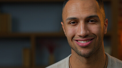 Close up portrait joyful African American man ethnic latino guy homeowner businessman blogger...