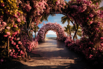 Fototapeta premium Tropical Flower arch from pink flowers on blue sea background 