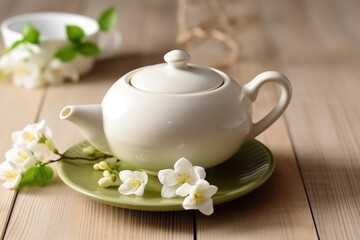 Obraz na płótnie Canvas Green tea with jasmine flower and white ceramic teapot.Generative Ai.