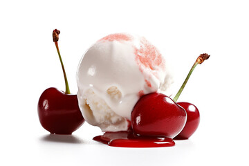 Vanilla ice cream with cherry syrup isolated on white background.Generative Ai.