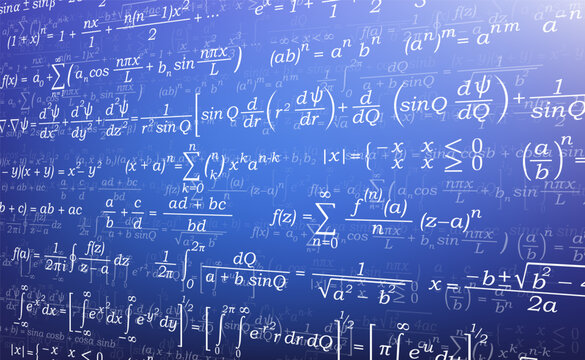 Background for a presentation on mathematics. Formulas in mathematics. Abstract vector illustration of a set of mathematical formulas arranged in an isometry on blue.