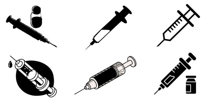 Set of injection, syringe icon, sign, symbols isolated on white background.