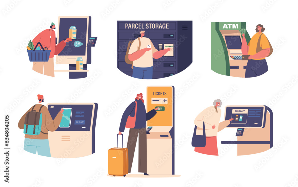 Poster characters use terminals, electronic devices used for transactions, communication, data processing, 