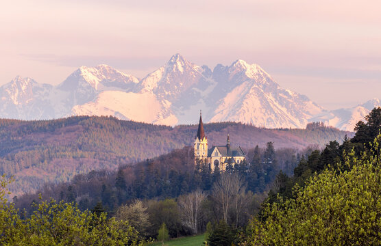 View to the Basilica of the Virgin Mary, Levoca and High Tatras on background 