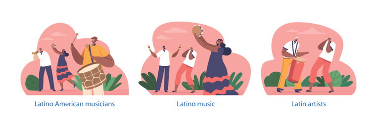 Isolated Elements with Latino American Musician Characters Create Vibrant Rhythms And Melodies, Vector Illustration