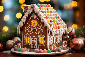 Christmas gingerbread house on the background of the Christmas lights