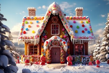 Christmas gingerbread house on the background of a Christmas tree, snow and blue sky.