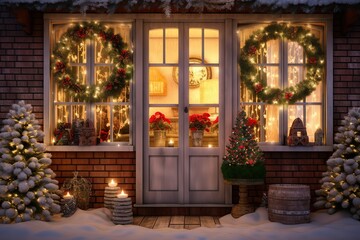 Fototapeta na wymiar Street, city windows with Christmas lights, wreaths, Christmas trees with garlands on Christmas eve.