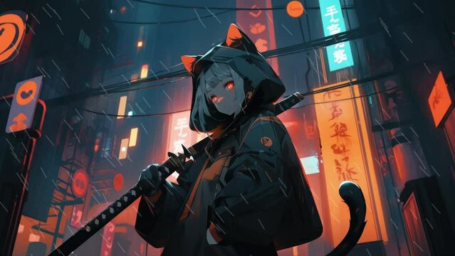 Anime girl with samurai sword on a cyberpunk style background in rainy night 4K