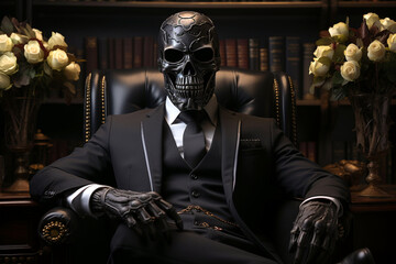 Advertising business company or brands. Stylish greedy skull skeleton dressed in an official business suit in a golden rich chair. Working to death for money concept. Generative AI