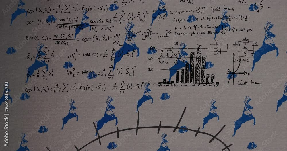 Poster animation of deer pattern design over mathematical equations against grey background