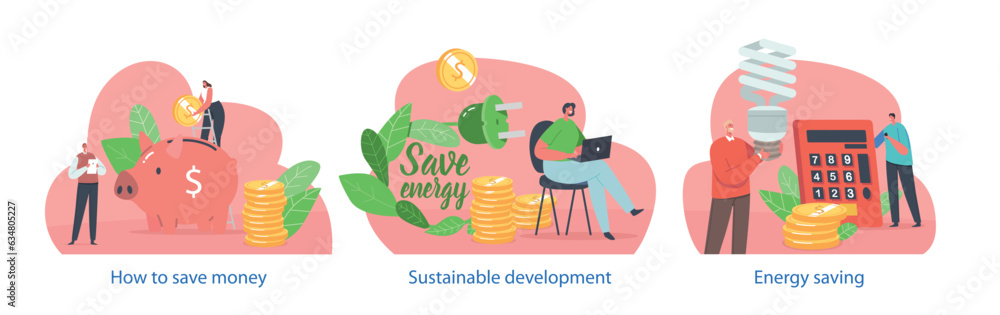 Poster isolated elements with characters perform energy saving, refers to using less energy to perform task