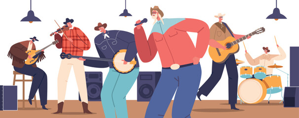 Country Musicians On Stage Exude Raw Emotion, Strumming Guitars And Belting Heartfelt Lyrics Cartoon Vector Illustration