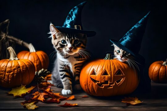Cute kitten in a wizard hat and Halloween pumpkin