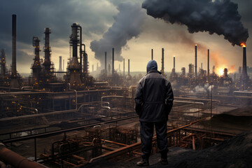 Fototapeta na wymiar Worker In The Background Oil Refinery. Safety, Worker Rights, Health Risks, Climate Impact, Job Security, Pollution, Capacity, Economics