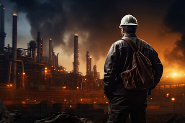 Worker In The Background Power Plant. Working Conditions, Safety Standards, Occupational Hazards, Training Requirements, Preventative Maintenance, Industrial Automation, Power Plant Security