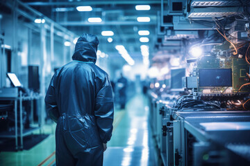 Worker In The Background Semiconductor Fabrication Plant. Quality Control, Automation, Safety Regulations, Maintaining Machines, Semiconductor Packaging, Device Testing, Worker Training
