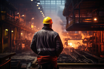 Worker In The Background Steel Mill. Safety Concerns, Roles Responsibilities, Steel Production Process, Working Hours Shifts, Handling Machinery, Unioin Representation, Wage Benefits - obrazy, fototapety, plakaty