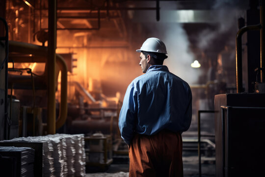 Worker In The Background Pulp And Paper Plant. Working Conditions, Automation, Hazardous Environment, Health And Safety, Employee Retention, Working Hours, Training Requirements