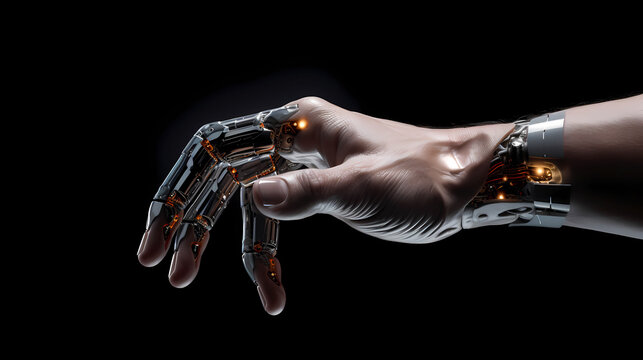 Human and converting into robotic hand on black background, generative AI