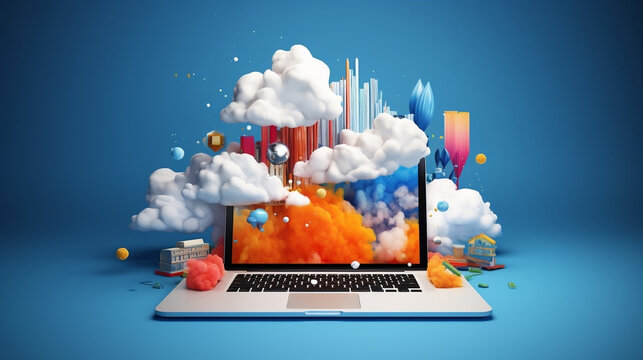 Cloud Computing Ad, Banner, Poster, Creative Illustration, Serverless Computing, Cloud Architecture, Cloud Services, laptop
