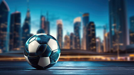 soccer ball on big city background, football concept, generative ai