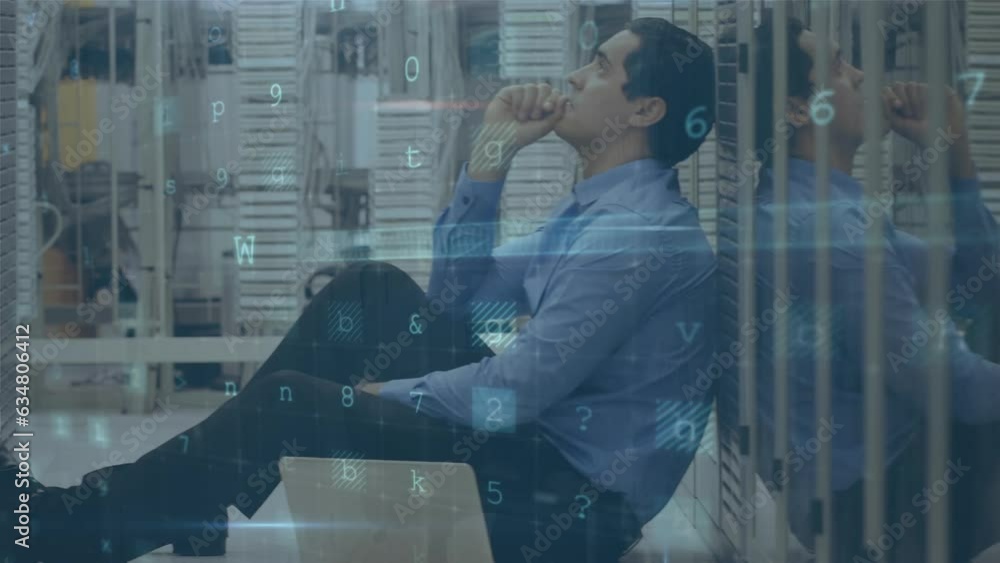 Poster animation of data processing over stressed latino male engineer sitting at computer server room