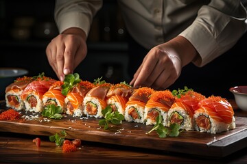 Les mains d'un chef cuisinier préparant des rouleaux de Sushi maki et les arrangeant et les décorant pour un concept de restaurants chinois ou japonais. IA générative - obrazy, fototapety, plakaty
