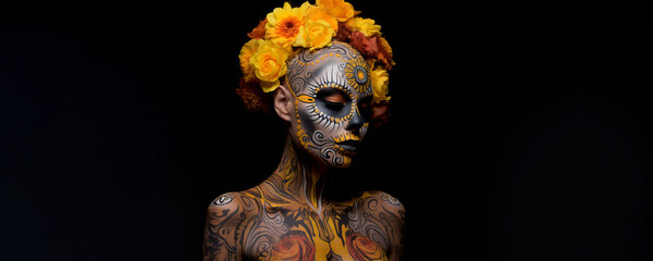 Frau Gesicht als Totenkopf mit Bodypainting bemalt Kopfschmuck mit Sonenblumen spanische Religion für Dia de los Muertos Querformat, ai generativ