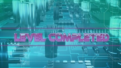 Animation of level completed text banner against close up of a circuit board - Powered by Adobe