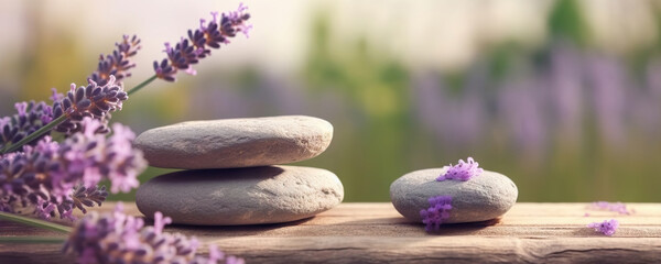 Stones and lavenders on wooden desk on background of lavender field. Spa still life in pastel colors. Copy space