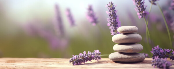 Fototapeta na wymiar Stones and lavenders on wooden desk on background of lavender field. Spa still life in pastel colors. Copy space