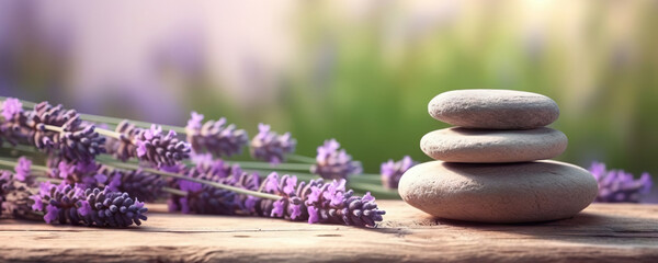 Stones and lavenders on wooden desk on background of lavender field. Spa still life in pastel colors. Copy space