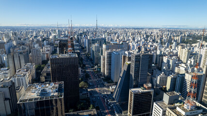 Aerial view of Av. Paulista in São Paulo, SP. Main avenue of the capital. Commercial and residential buildings.
