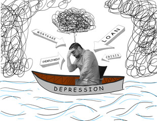 Sad bearded man in glasses sitting a boat and thinking about his trouble. Crisis, depression concept. Art collage