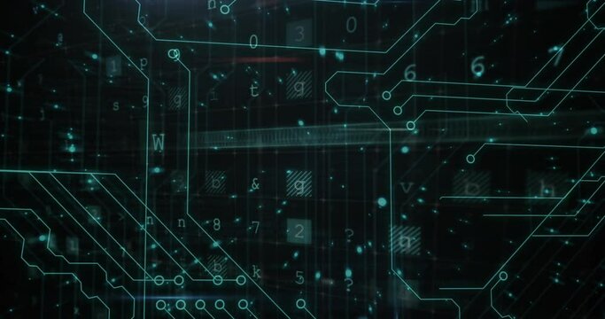 Animation of microprocessor connections and cyber security data processing against black background