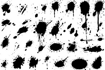Vector set of ink splashes. Black inked splatter dirt stain splattered spray splash with drops blots isolated. - obrazy, fototapety, plakaty