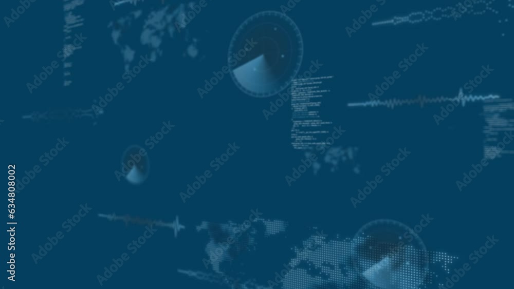 Poster animation of sonar, soundwaves, maps and computer language over blue background
