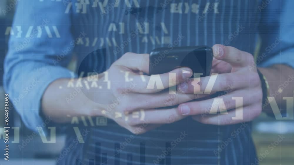 Aufkleber animation of multiple symbols, bar graph, midsection of caucasian man wearing apron using smartphone
