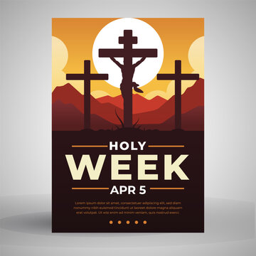 Holi Week Preview Christian Religious Church Flyer Poster Design With Crosses. Social Media Post Web Banner, Worship Flyer Template, Vector Illustration.