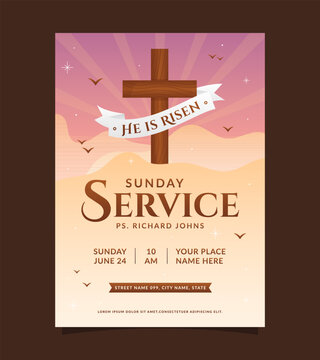 Sunday service church flyer event poster design template. Suitable for social media invitation, flyer, sticker, poster, banner, card, label, cover, web. Vector illustration.