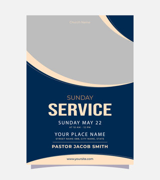 Sunday Service Church Flyer Event Poster Design Template. Suitable For Social Media Invitation, Flyer, Sticker, Poster, Banner, Card, Label, Cover, Web. Vector Illustration.