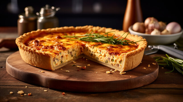 A delicious baked quiche cheese pie with a slice cut out.  Generative AI